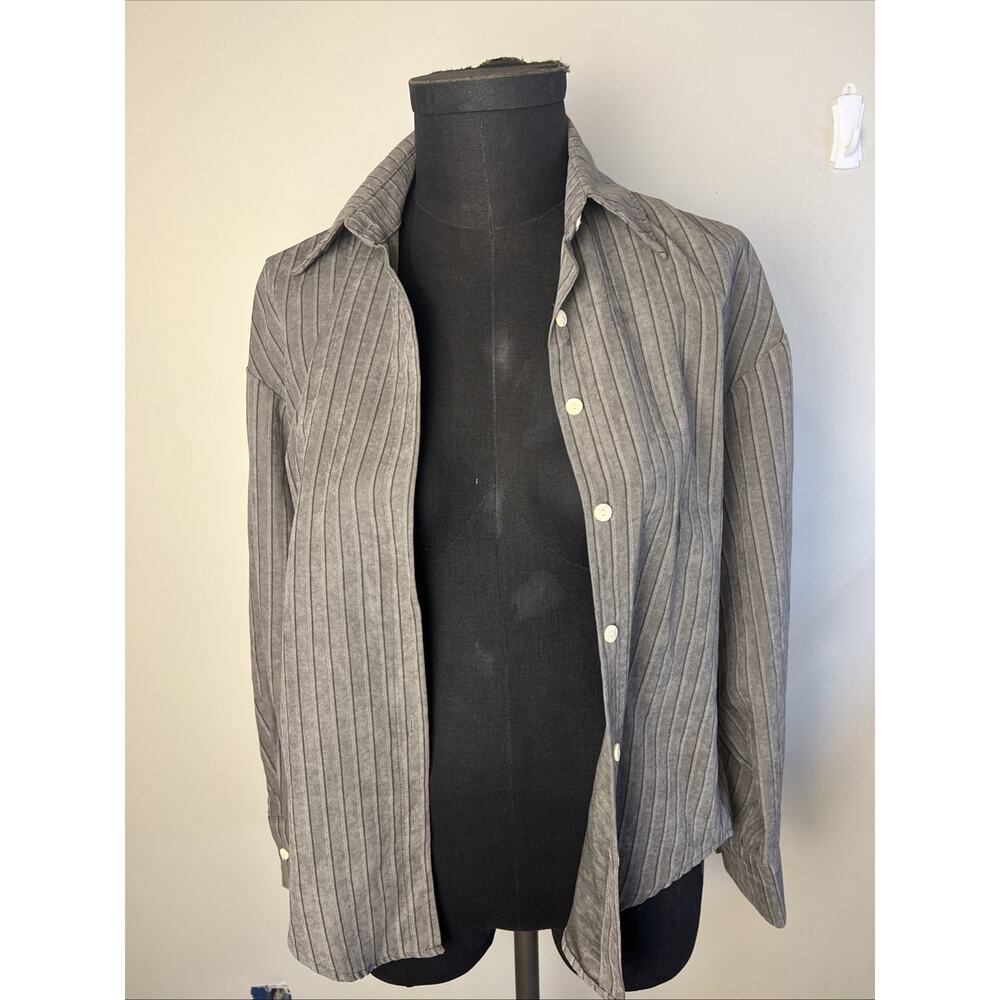 Gray Striped Microfiber Button Up Great For Layering Small Women's